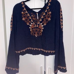 Free people navy blue embroidered blouse